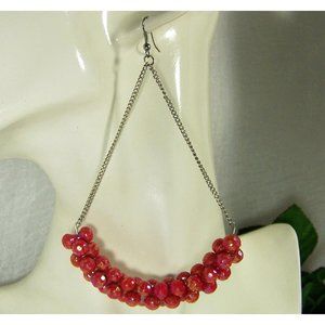 Swinging Long 4" Red Berry Fashion Earrings Vintage Plastic Beads Gold Tinting